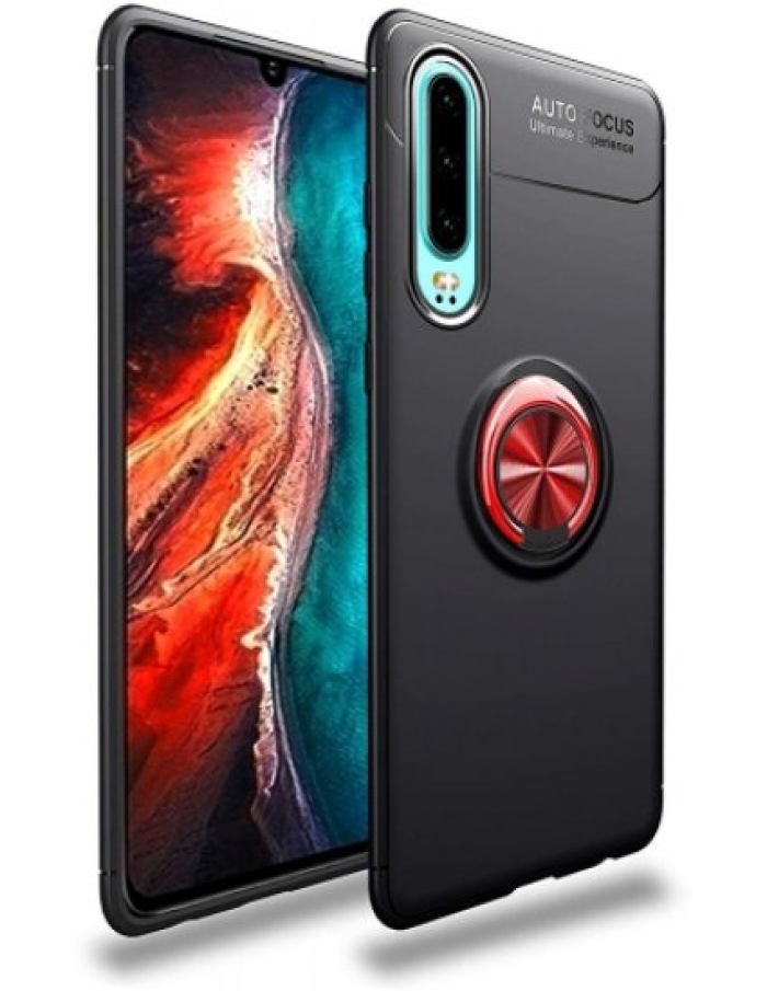 Huawei P30 Ravel Standlı Yüzüklü Silikon Kılıf Siyah Kırmızı