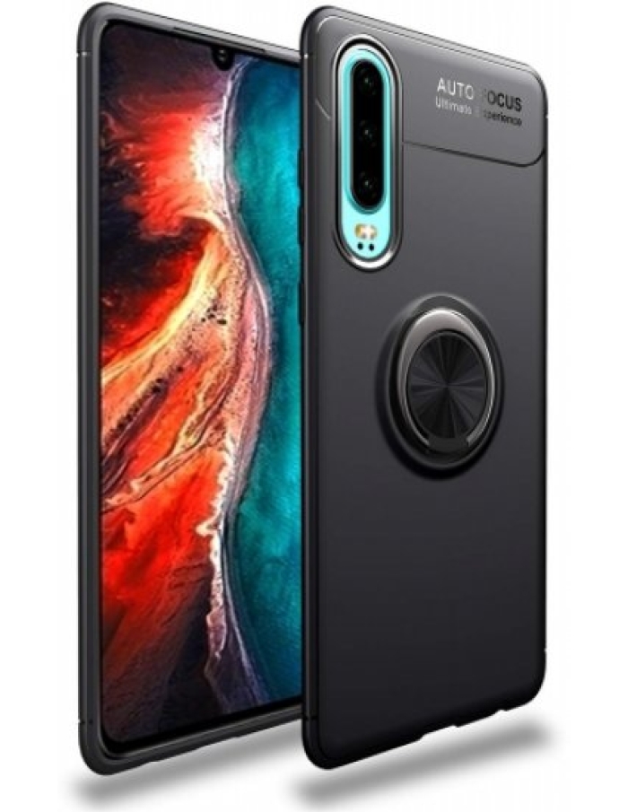 Huawei P30 Ravel Standlı Yüzüklü Silikon Kılıf Siyah