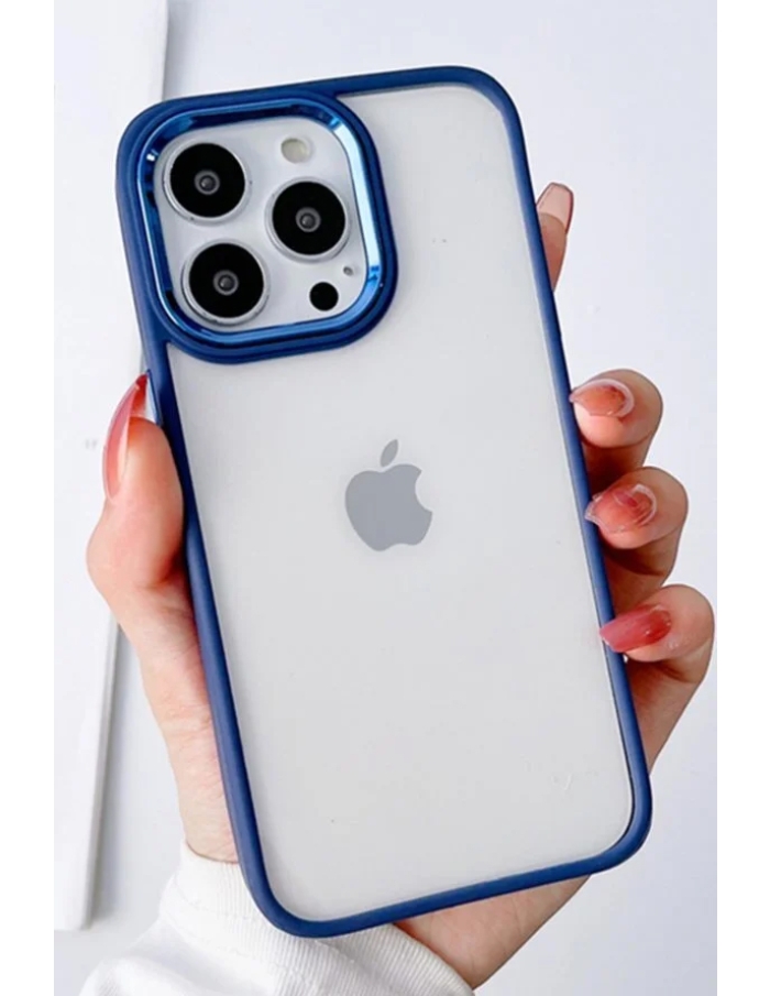 iPhone 13 Pro Krom Lens ve Tuş Korumalı Çerçeveli Kılıf Mavi