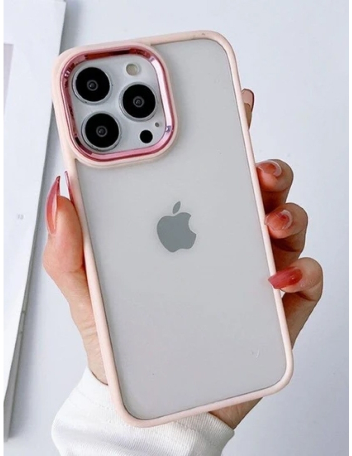 iPhone 13 Pro Max Krom Lens ve Tuş Korumalı Çerçeveli Kılıf Pudra