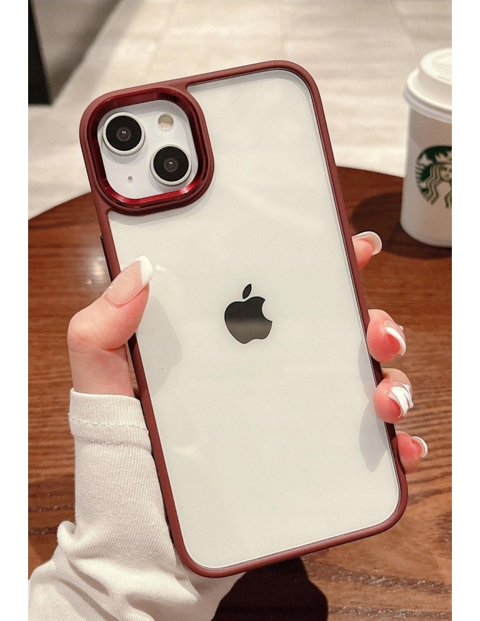 iPhone 14 Krom Lens ve Tuş Korumalı Çerçeveli Kılıf Bordo