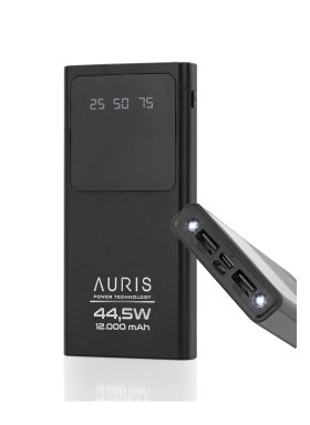 Auris 12000MAH Slim İnce Siyah Ekranlı Powerbank Işıklı