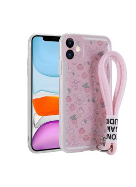 iPhone 11 Zore Astana Çilek Desenli İpli Kılıf